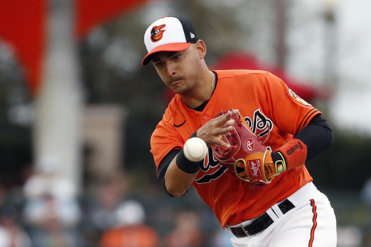 Baltimore Orioles shortstop José Iglesias throws to first base during a spring training game.