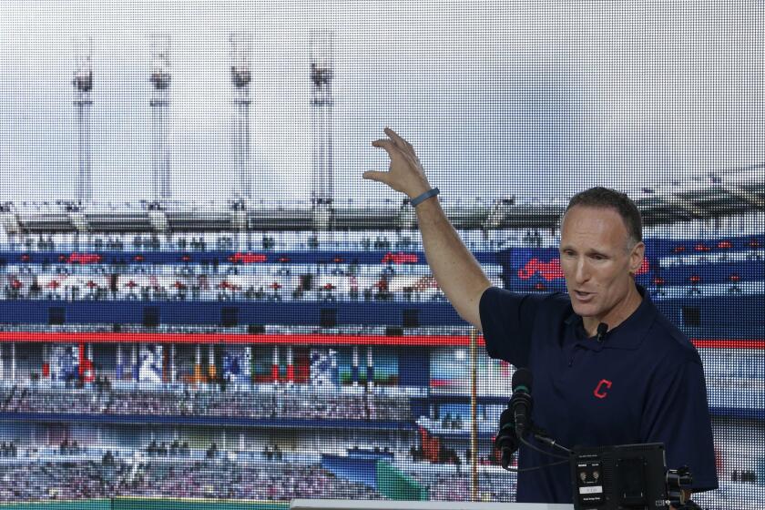 Cleveland Indians President Mark Shapiro points out the major renovations to right field at Progressive Field in Cleveland on August 7, 2014.