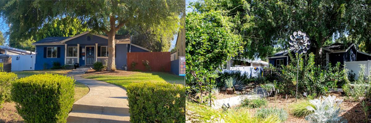 Two photos show a house with a traditional lawn and shrubs and the same yard with various desert plants.