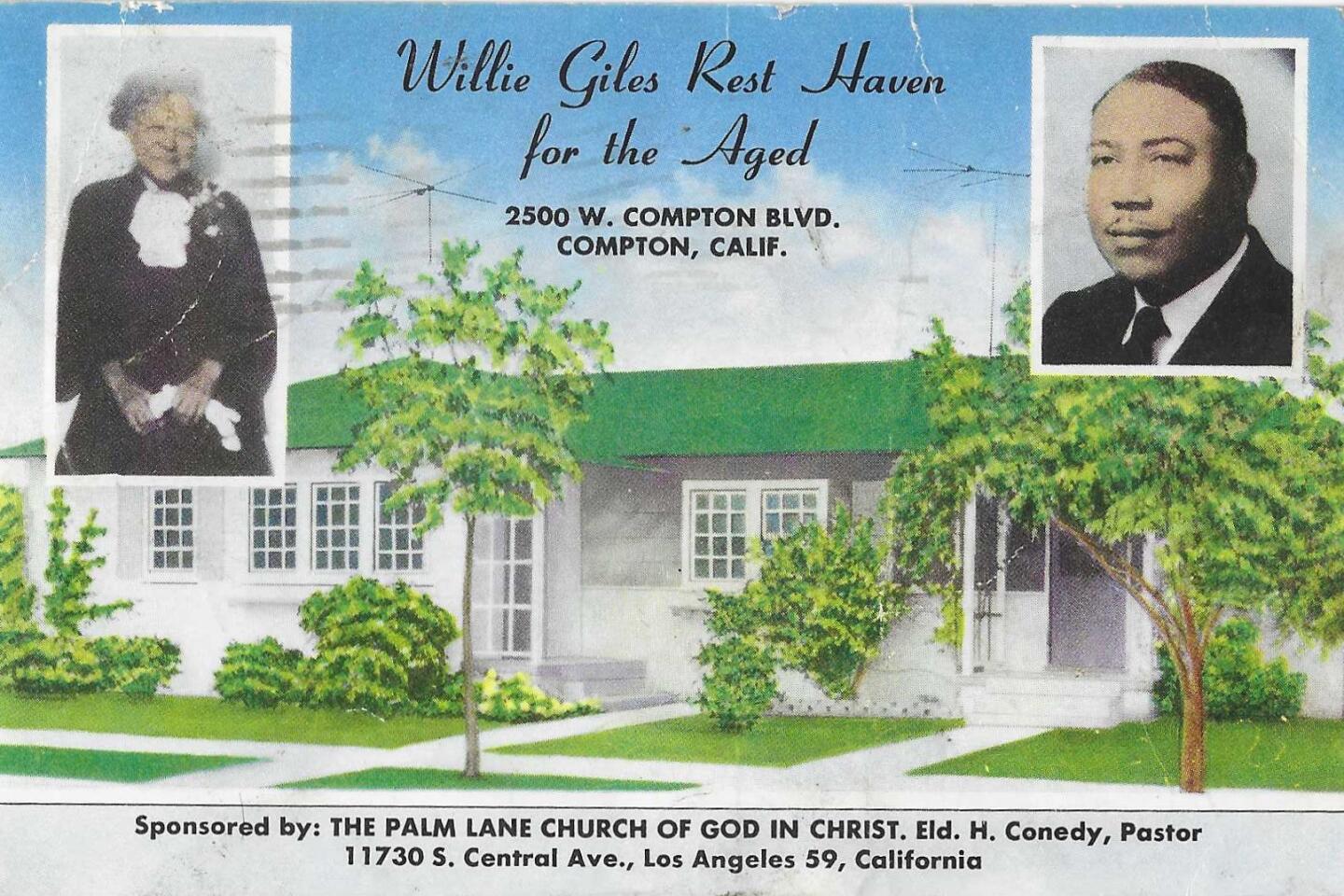 A postcard depicts a Compton retirement home sponsored by a church.