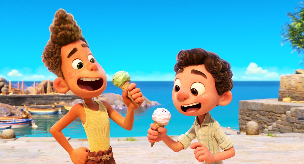 In an animated film, two boys eat ice cream cones by the ocean