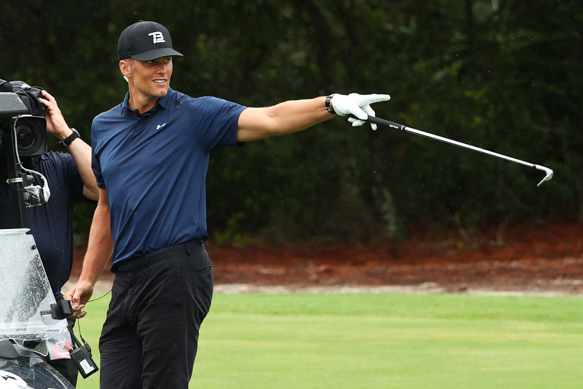 Tom Brady points during "The Match: Champions For Charity" at Medalist Golf Club in Hobe Sound, Florida on May 24.