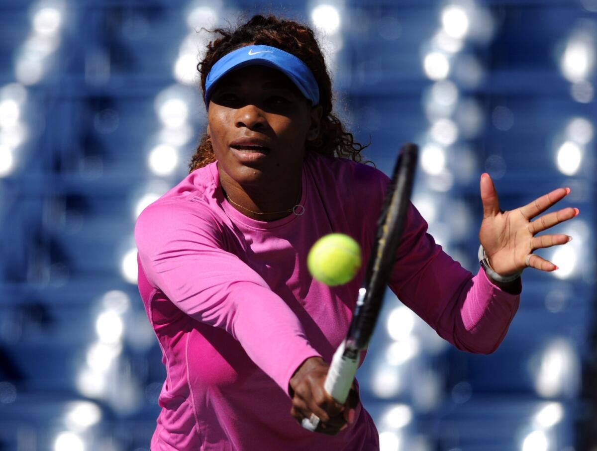 Serena Williams practices Saturday in Flushing, N.Y., in preparation for the U.S. Open.
