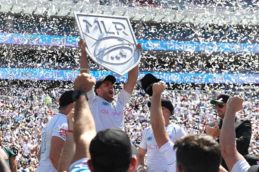 LOS ANGELES, CALIFORNIA - AUGUST 01: LA Giltinis celebrates after defeating Rugby Atlanta, 31-17, during the second half at Los Angeles Coliseum on August 01, 2021 in Los Angeles, California. (Photo by Kevork Djansezian/Getty Images for LA Giltinis)