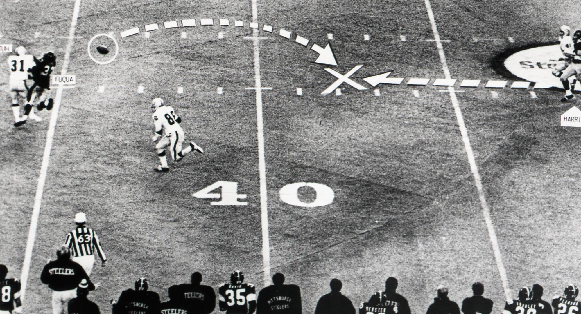 Diagram shows how ball deflected off Raider Jack Tatum (31) or Steeler "Frenchy" Fuqua before the "Immaculate Reception."