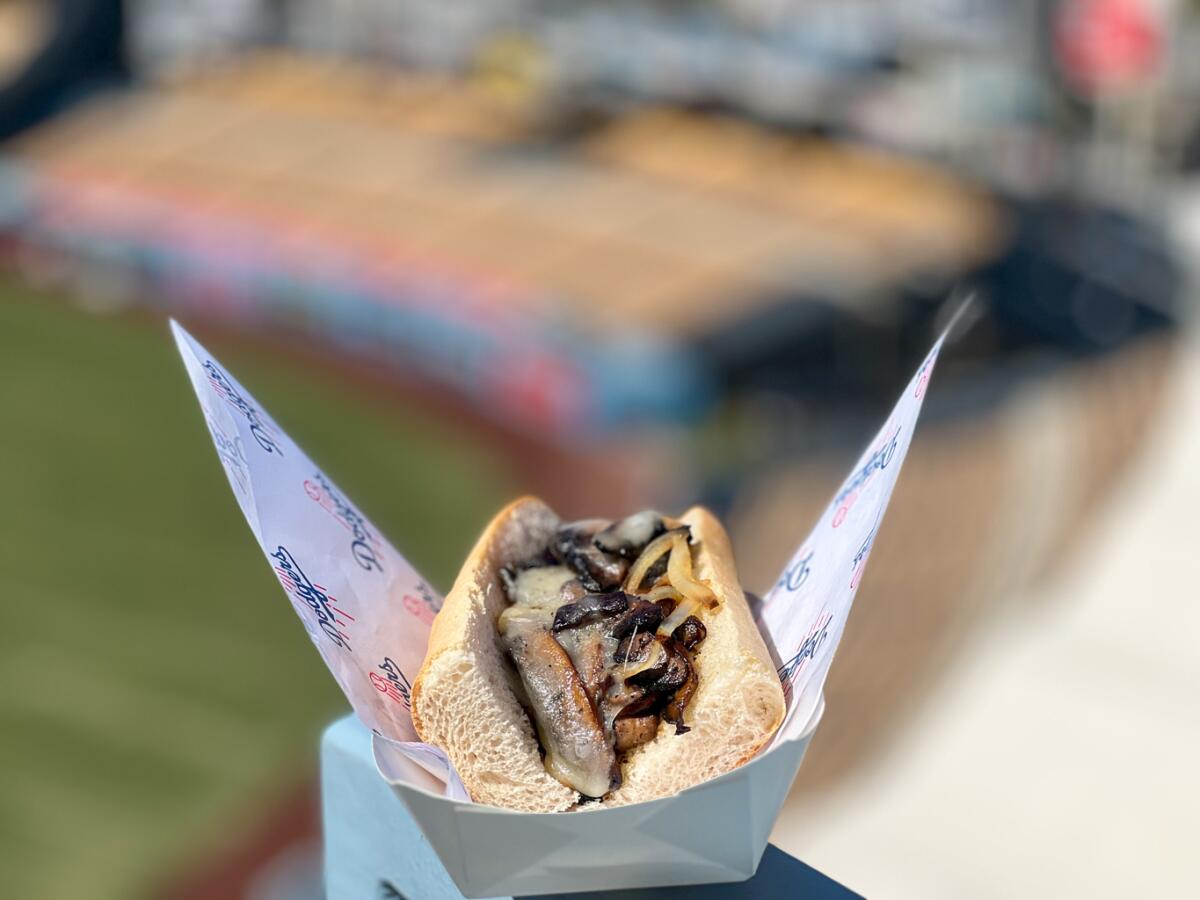 The Wild Mushroom Philly Sandwich is shown at Dodger Stadium.