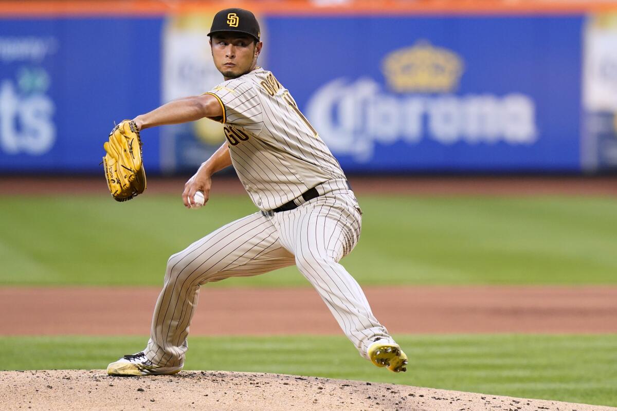 San Diego Padres' Yu Darvish, of Japan, during the first inning of a baseball game against the New York Mets Friday, July 22, 2022, in New York. (AP Photo/Frank Franklin II)