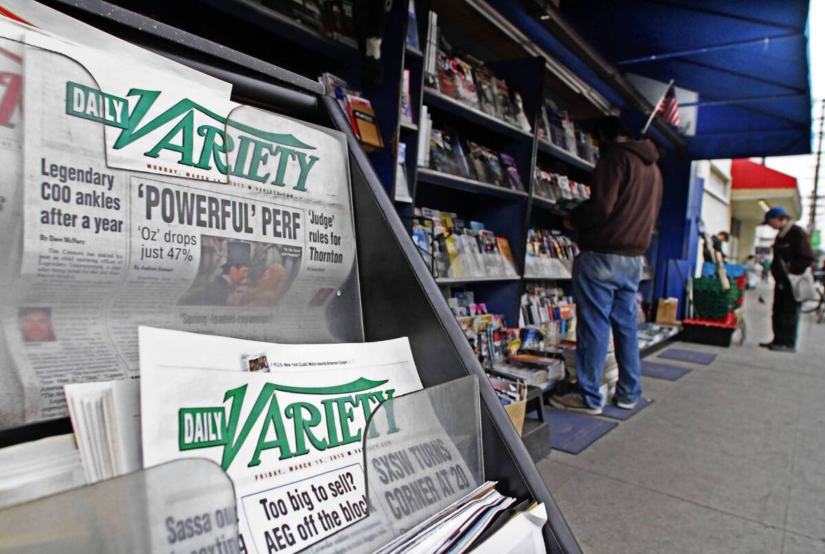 Daily Variety has been a print publication for almost 80 years. Above, a Studio City newsstand has issues for sale.