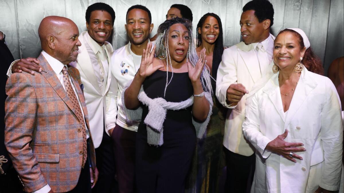 Berry Gordy, left, cast member Jeremy Pope, John Legend, Mary Wilson, actor Vivian Nixon, cast member Derrick Baskin and Debbie Allen at the opening night performance of "Ain't Too Proud: The Life and Times of the Temptations."