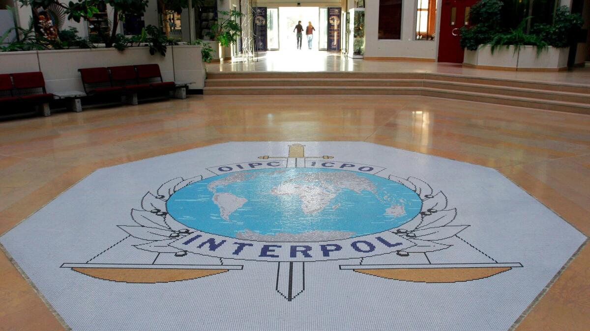 The entrance hall of Interpol's headquarters in Lyon, France, on Oct. 16, 2007.