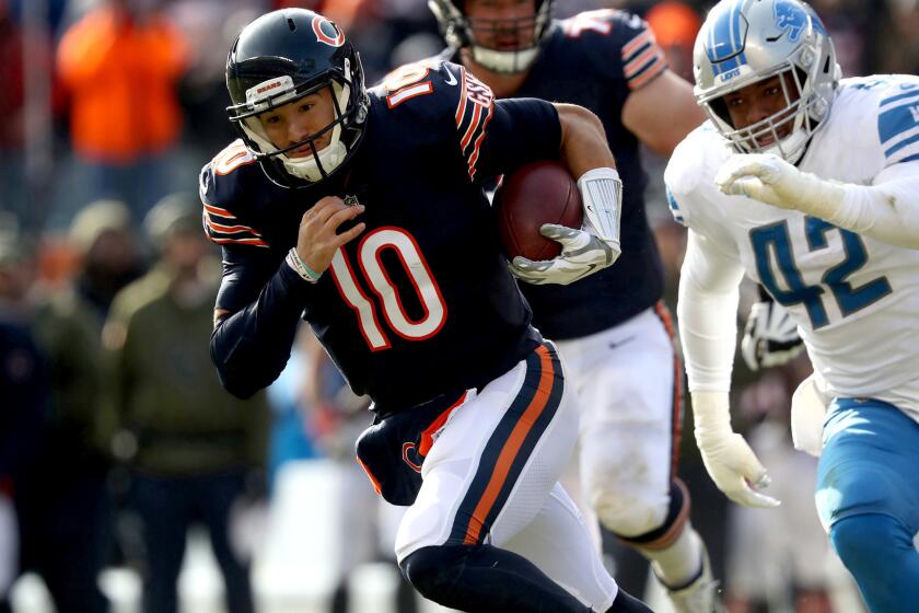 Chicago Bears quarterback Mitch Trubisky (10) rushes in the second quarter against the Detroit Lions on Sunday, Nov. 11, 2018 at Soldier Field in Chicago, Ill. (John J. Kim/Chicago Tribune/TNS) ** OUTS - ELSENT, FPG, TCN - OUTS **