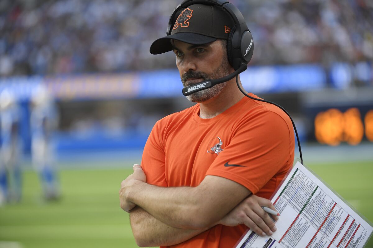 Cleveland Browns head coach Kevin Stefanski watches from the sideline during the second half of an NFL football game against the Los Angeles Chargers on Sunday, Oct. 10, 2021, in Inglewood, Calif. Cleveland's second-year coach — voted the NFL's top coach as a rookie — made some questionable play calls in the fourth quarter when the Browns were trying to protect a one-point lead in what became a 47-42 loss to the Chargers.(AP Photo/Kevork Djansezian)