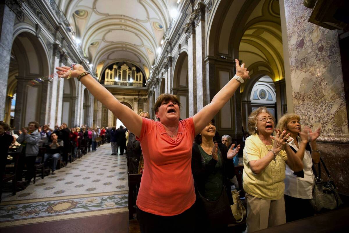 At the Metropolitan Cathedral in Buenos Aires, news that Argentine Cardinal Jorge Mario Bergoglio was elected the new pope is cause for celebration.
