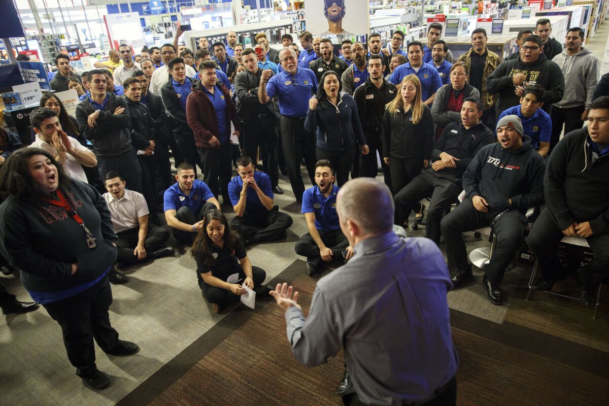 Best Buy general manager Art Jamgochian rallies his employees in Atwater Village for Thanksgiving Day and Black Friday.