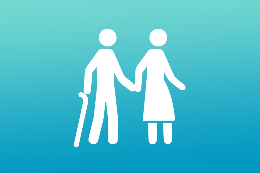 Pictogram of a man using a cane and a woman