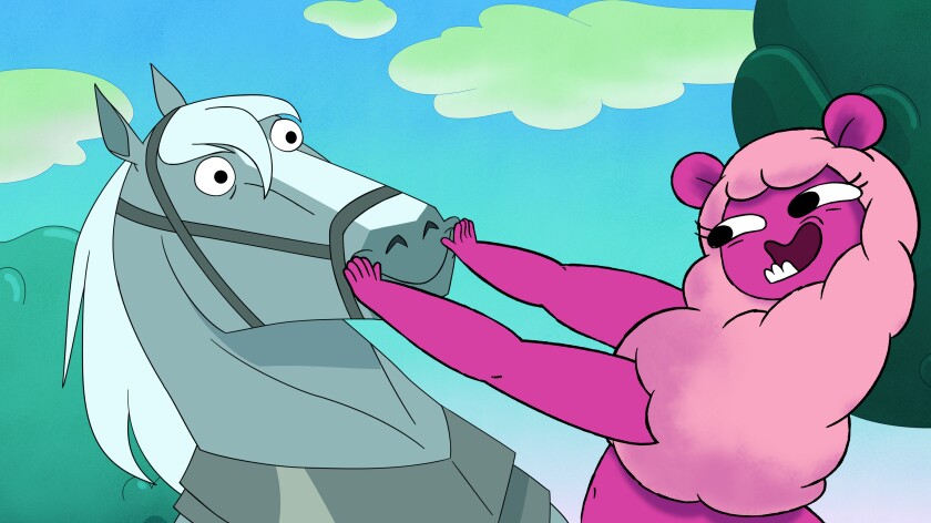 a llama centaur forcing a horse to smile
