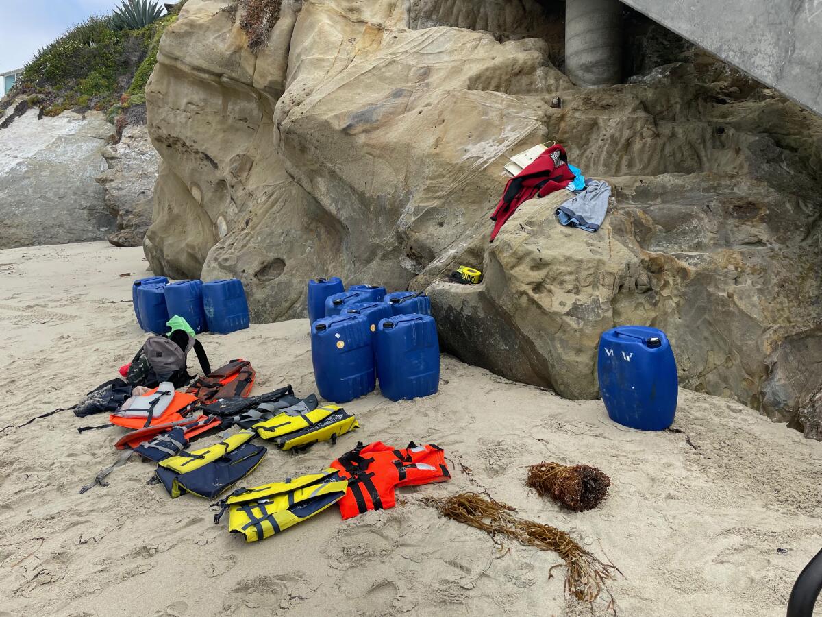 Life jackets and 12 gallons of gas were aboard a panga boat that came ashore at Agate Street Beach.