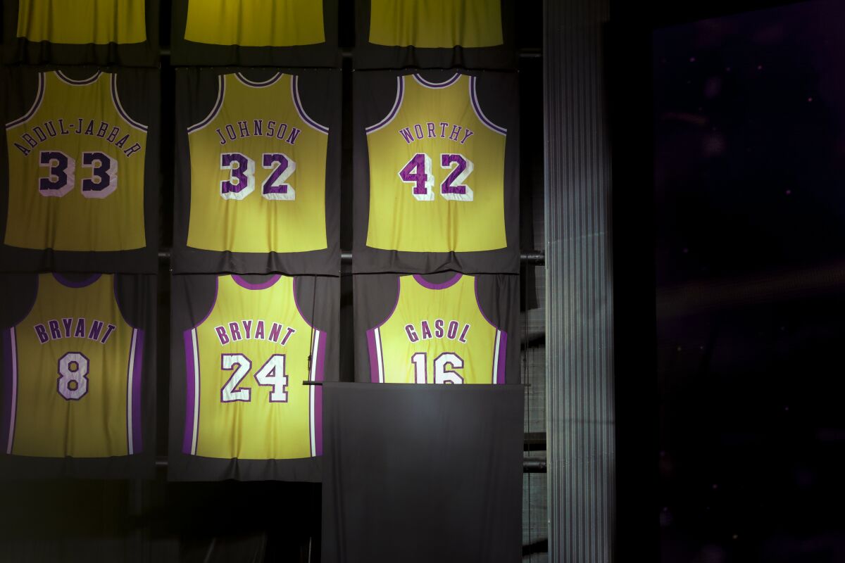The retired jersey of Pau Gasol is revealed during a halftime ceremony.