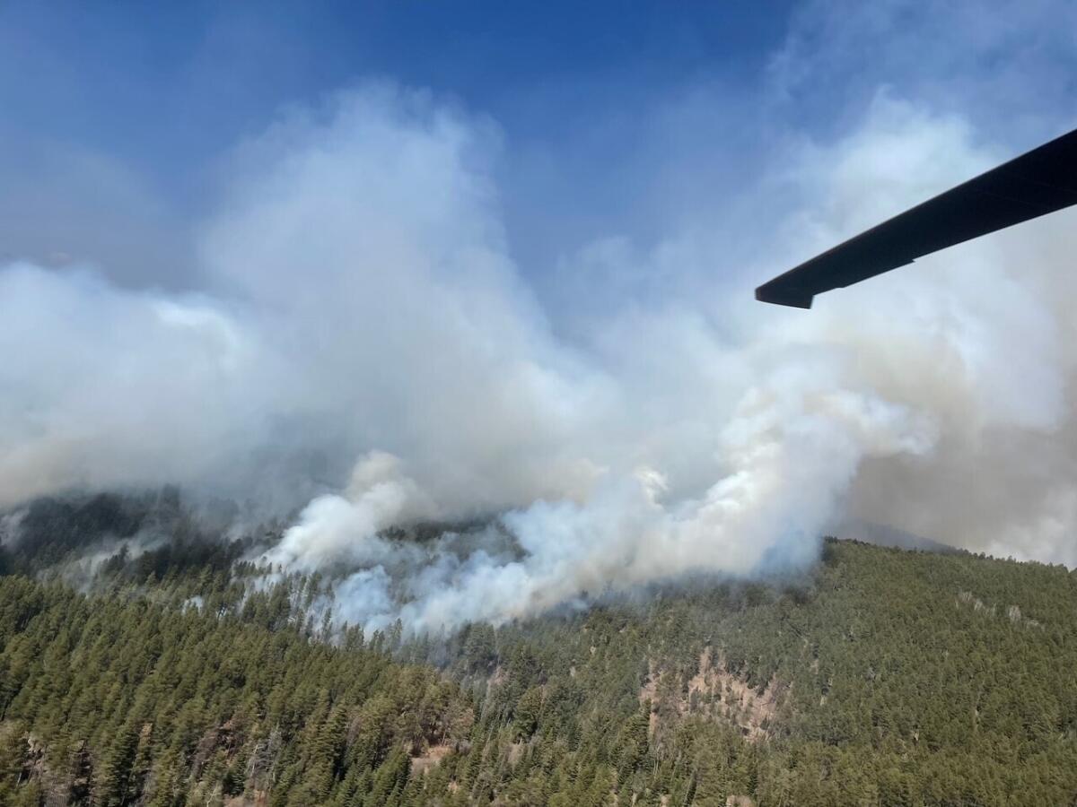 An aerial view from a helicopter shows smoke rising from trees.