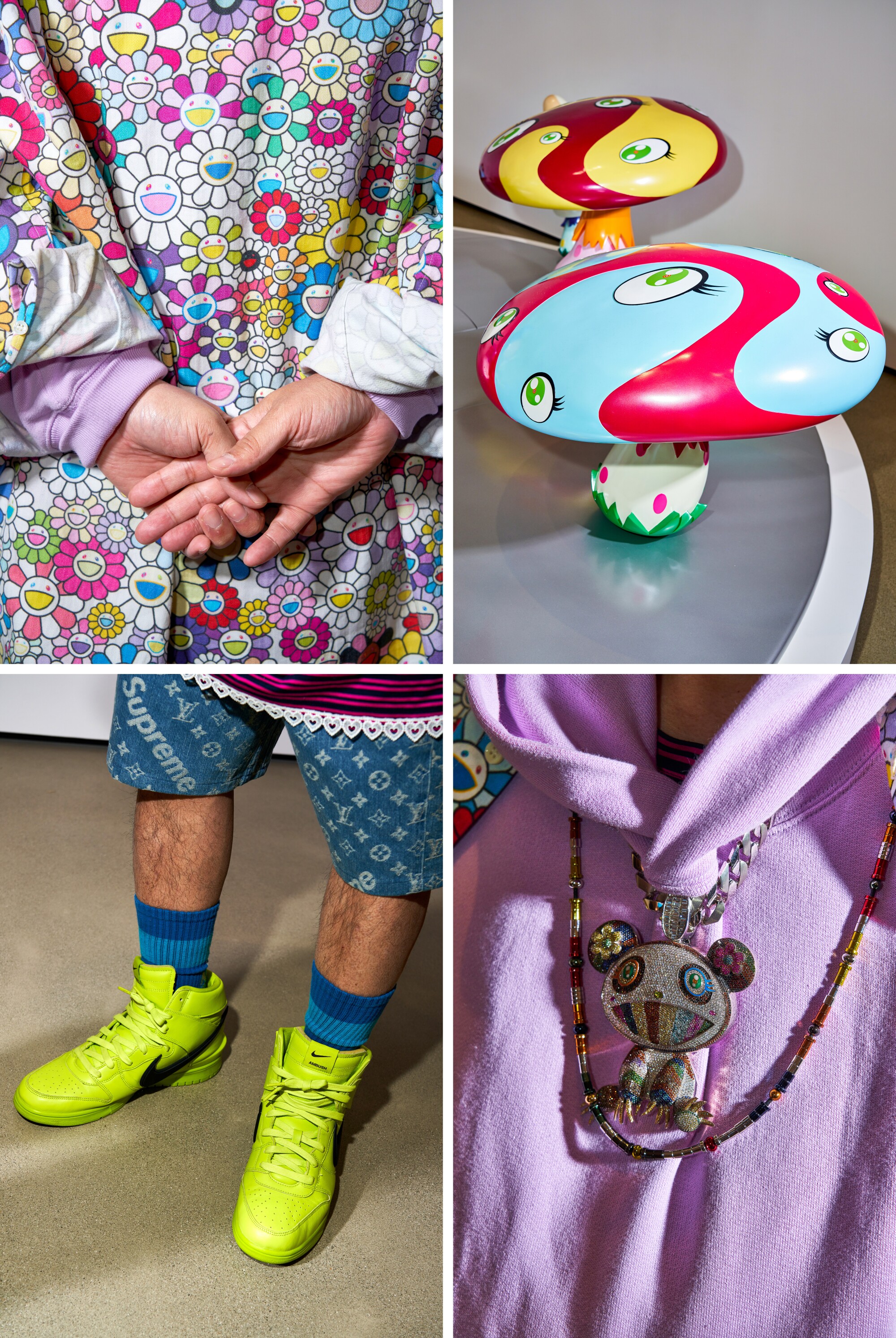 A grid of four photos show details of clothing, shoes and painted 3D art.