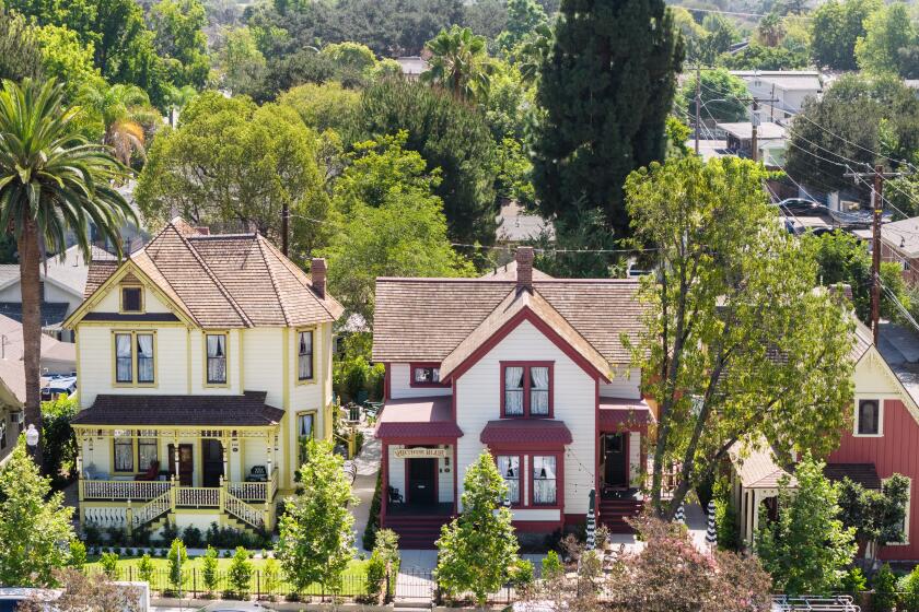 MONROVIA, CA - JULY 28, 2026: Drone view of the Arthur Blair Historic Inn in Monrovia, CA on Tuesday, July 28, 2026. The Blair House, left, Arthur House and the new construction Saxony Cottage, right. (Myung J. Chun / Los Angeles Times)