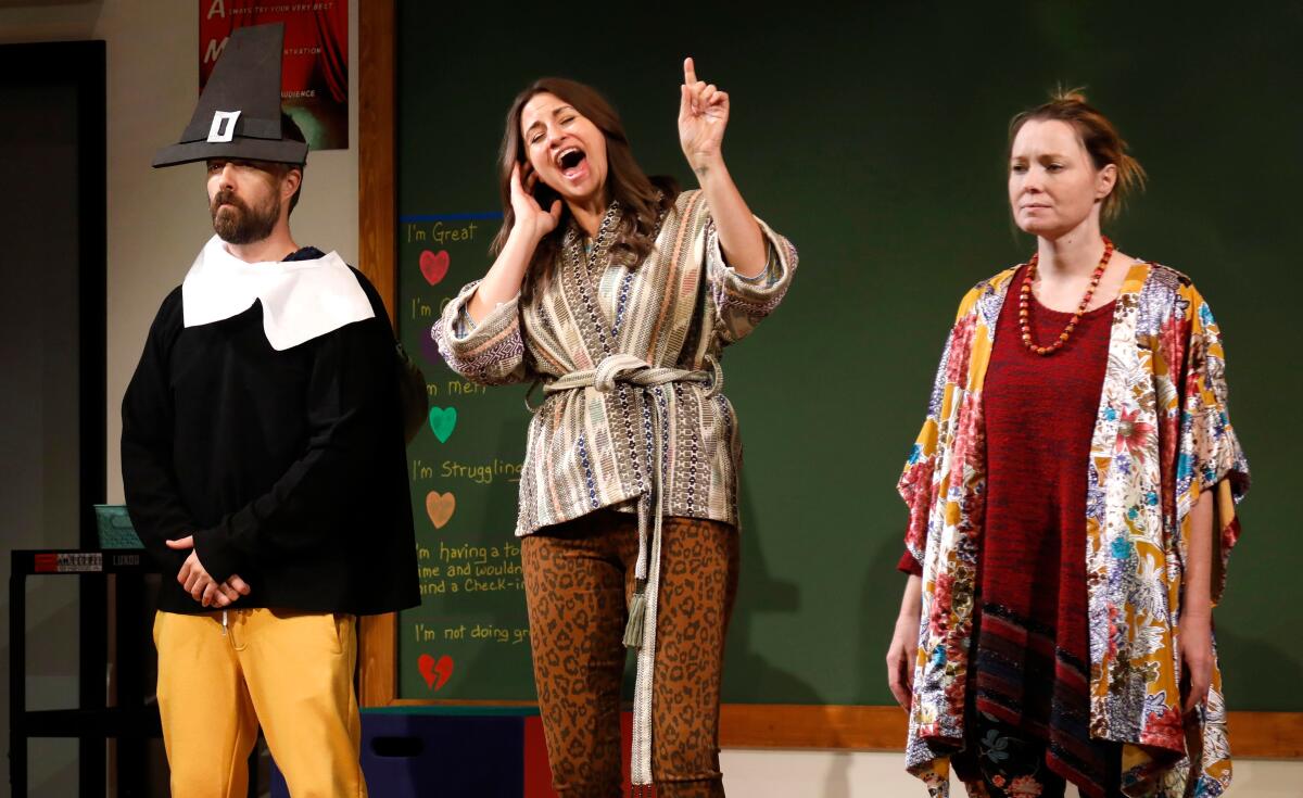Noah Bean, Alexandra Henrikson and Samantha Sloyan in “The Thanksgiving Play” at the Geffen Playhouse.