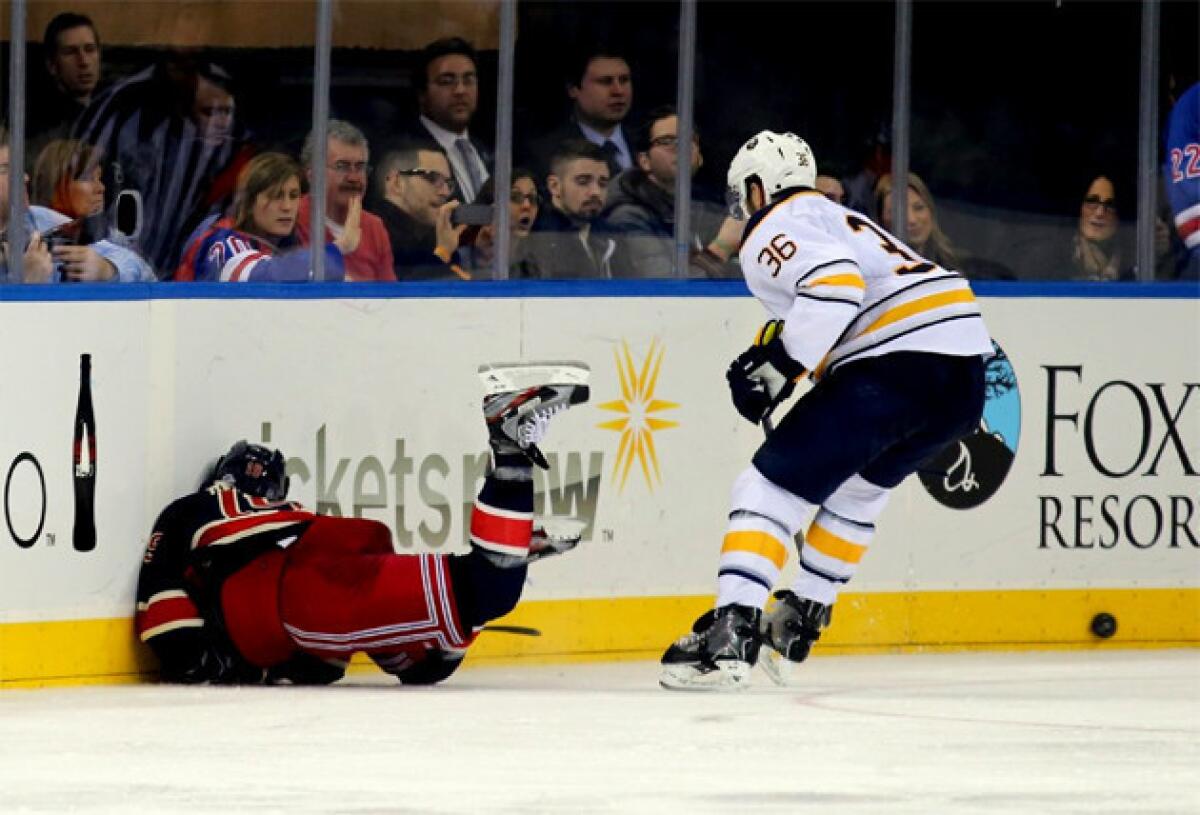 Sabres forward Patrick Kaleta, right, was suspended five games by the NHL for his hit on New York Rangers' Brad Richards.