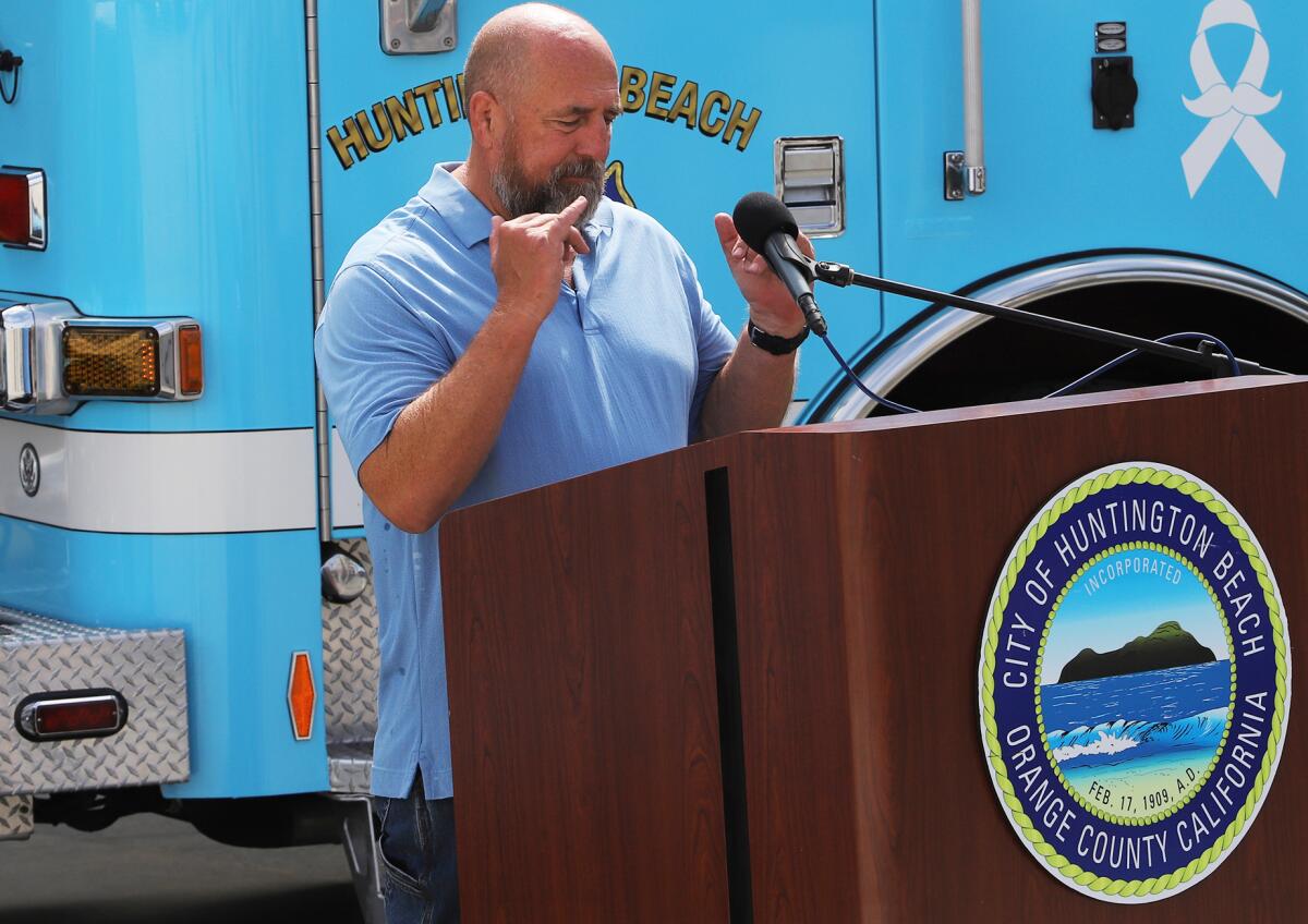 Huntington Beach Mayor Pro Tem Pat Burns, diagnosed with prostate cancer in 2020, speaks at a press conference Thursday.