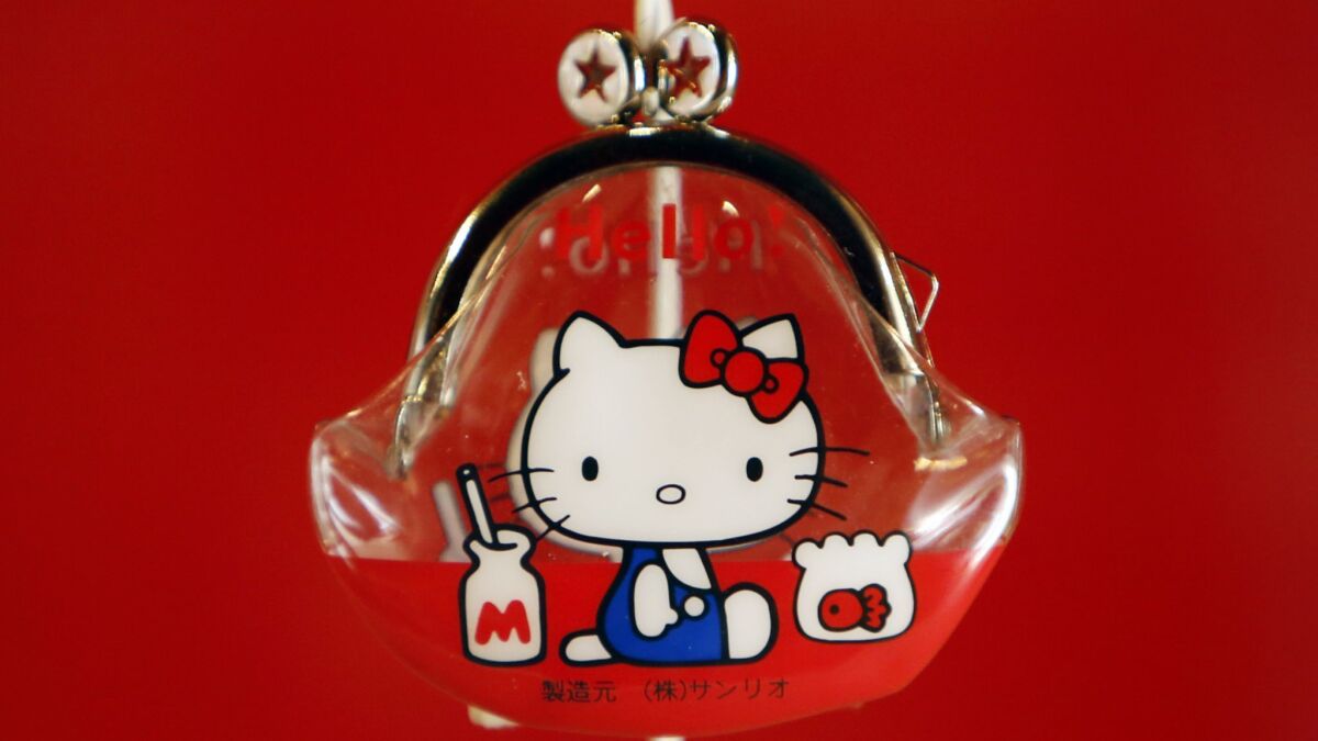 The first coin purse featuring Hello Kitty on display at a 2014 exhibition at the Japanese American National Museum in Los Angeles.