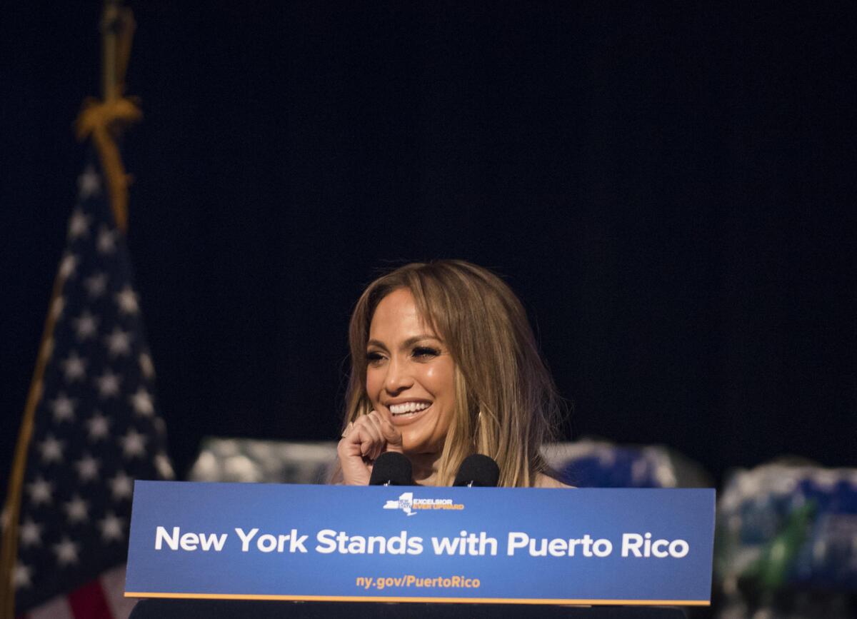 Jennifer Lopez announces her new hurricane recovery efforts for Puerto Rico on Sunday in New York. She pledge to donate time and money to help the recovery efforts.