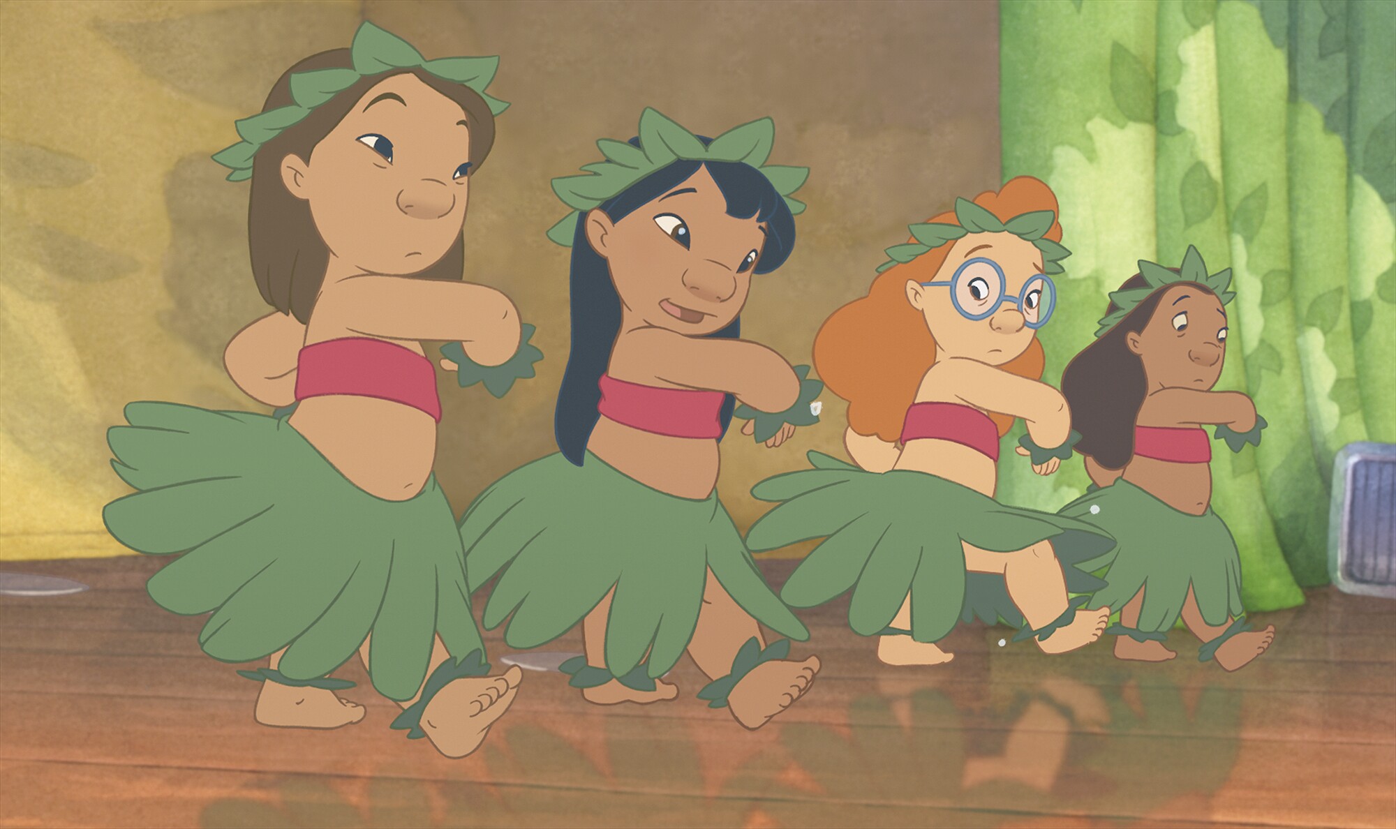 A cartoon image of four little girls performing a hula