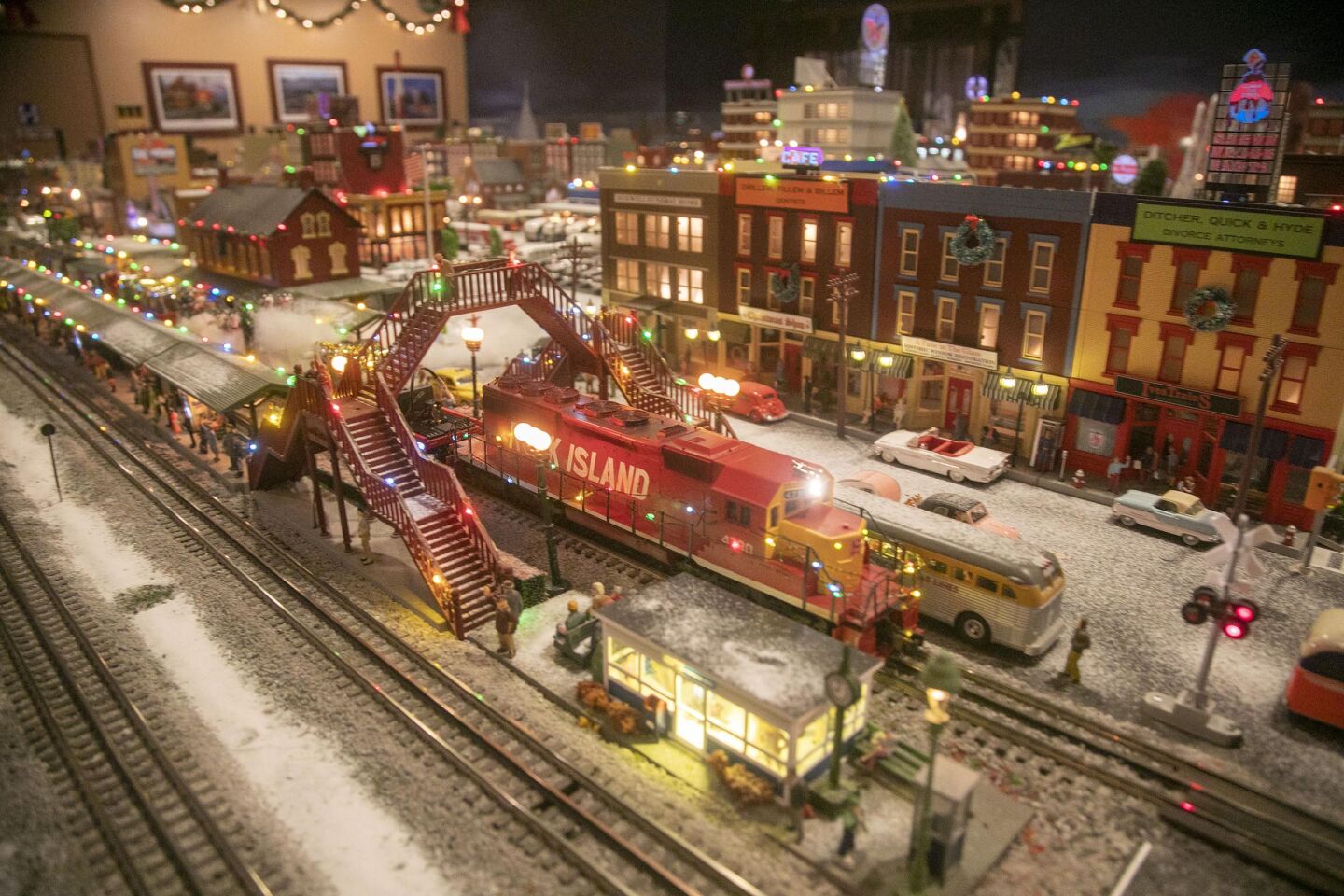 David Lizerbram and his wife Mana Monzavi took over the Old Town Model Railroad Depot, which was in danger of closing. The extensive train layout and its detailed and sometimes humorous dioramas was photographed on Friday, Dec. 13, 2019, at its Old Town, San Diego location. One of the trains making its way through town.