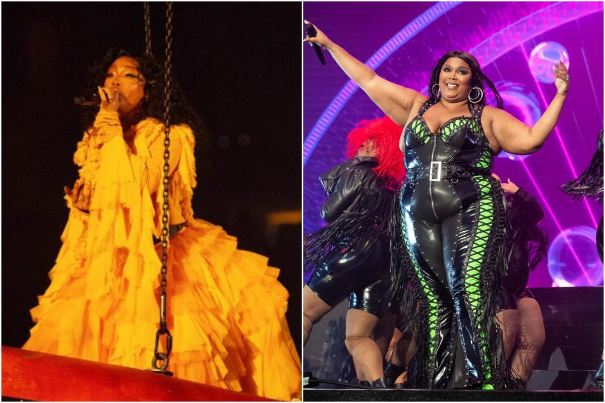 Split: SZA wears a yellow dress onstage, left, and Lizzo wears a black and green leather outfit onstage.