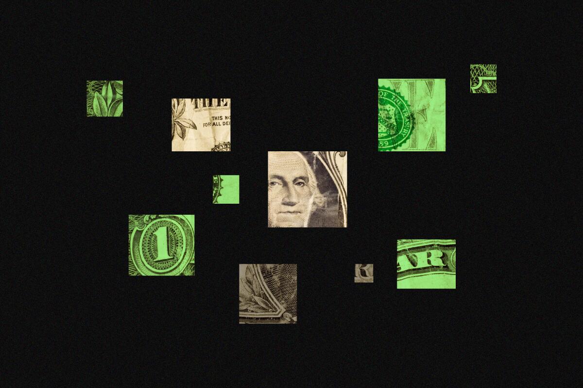 Pieces of a dollar bill spread apart with gaps in between 