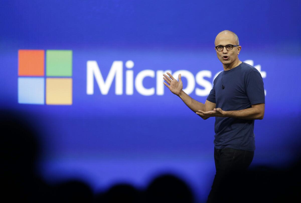 Microsoft CEO Satya Nadella delivers the keynote address of the Build Conference in San Francisco in April.