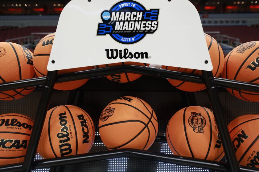 Louisville, KY - March 23: Some players in the NCAA Tournament have complained about the balls being slippery, shown here in Louisville on Thursday, March 23, 2023. (K.C. Alfred / The San Diego Union-Tribune)