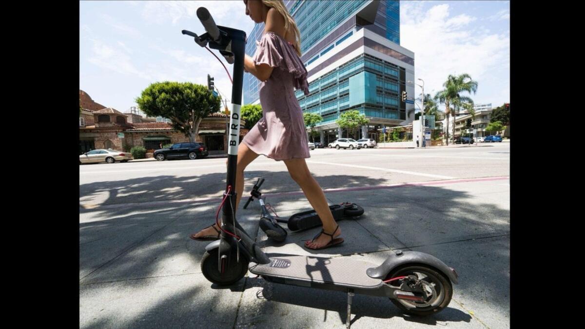 A pedestrian walks between two Bird dockless scooters in the middle of a sidewalk in Westwood on July 10.