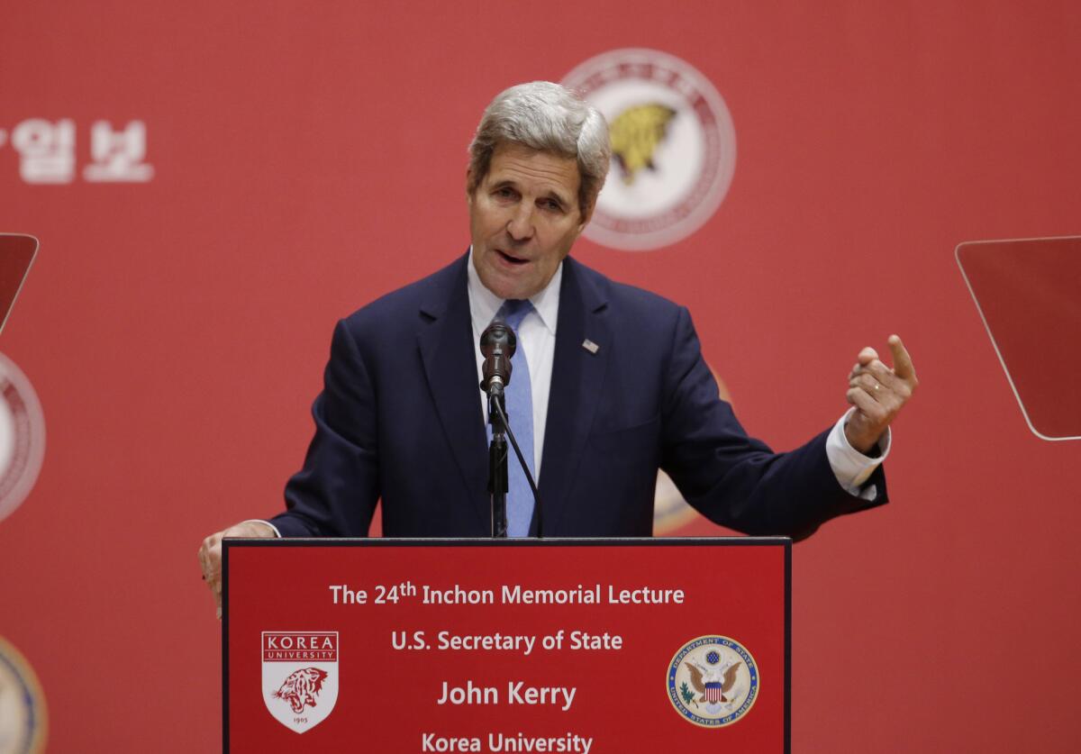U.S. Secretary of State John Kerry delivers a speech on cybersecurity and related issues at Korea University in Seoul on May 18.