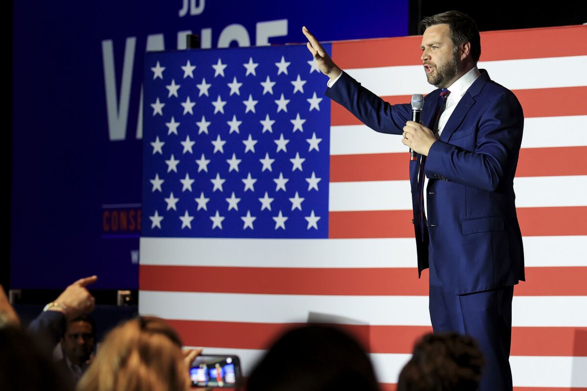 Republican Senate candidate JD Vance speaks to his supporters during an election night watch party, Tuesday, May 3, 2022, in Cincinnati. (AP Photo/Aaron Doster)