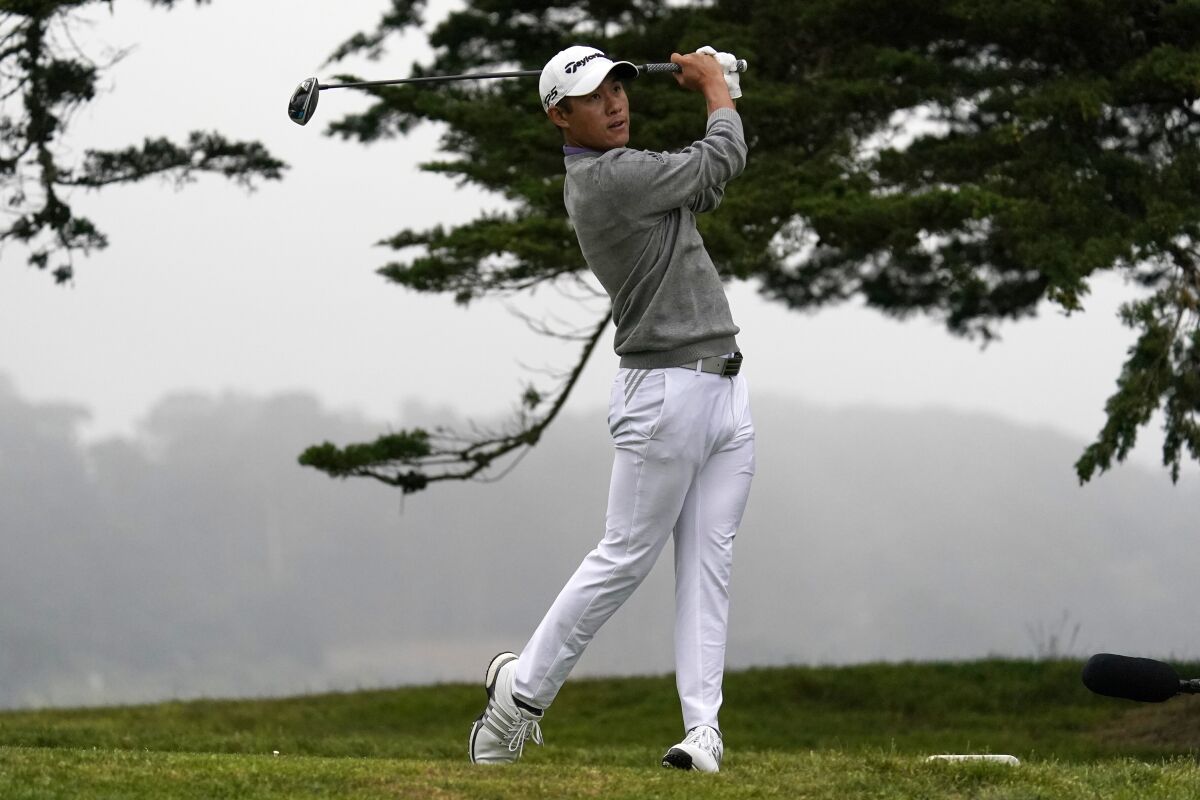 FILE - Collin Morikawa watches his tee shot on the 16th hole during the final round of the PGA Championship golf tournament at TPC Harding Park in San Francisco, in this Sunday, Aug. 9, 2020, file photo. His shot was the best of the year with a driver. (AP Photo/Jeff Chiu, File)