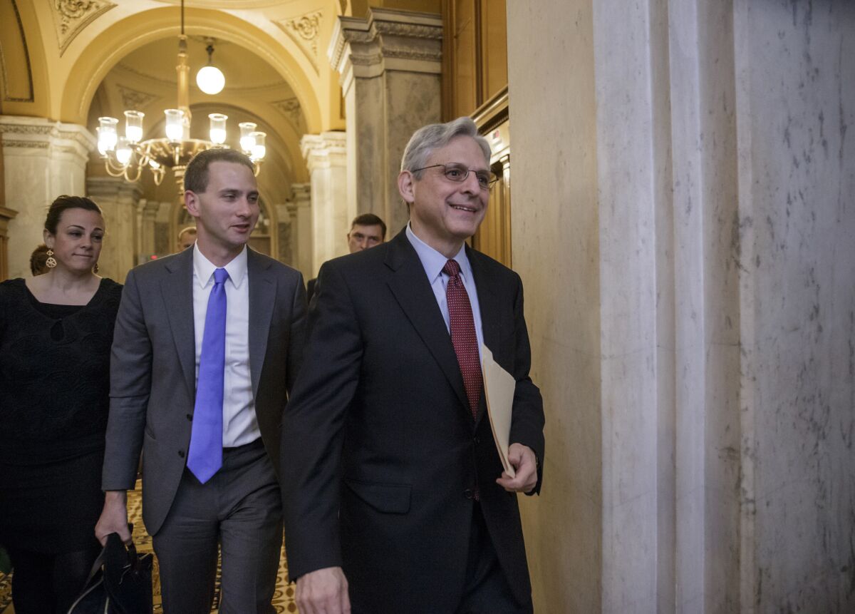 Judge Merrick Garland, President Obama’s choice to replace the late Justice Antonin Scalia on the Supreme Court, arrives on Capitol Hill for a private breakfast meeting with Senate Judiciary Committee Chairman Sen. Charles Grassley (R-Iowa).