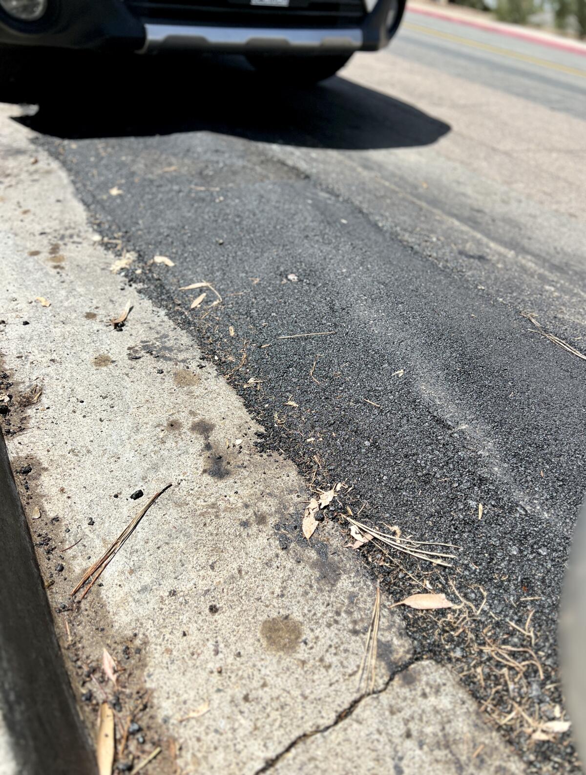 A deep pothole on La Jolla Shores Drive has been filled in, as pictured Aug. 29.