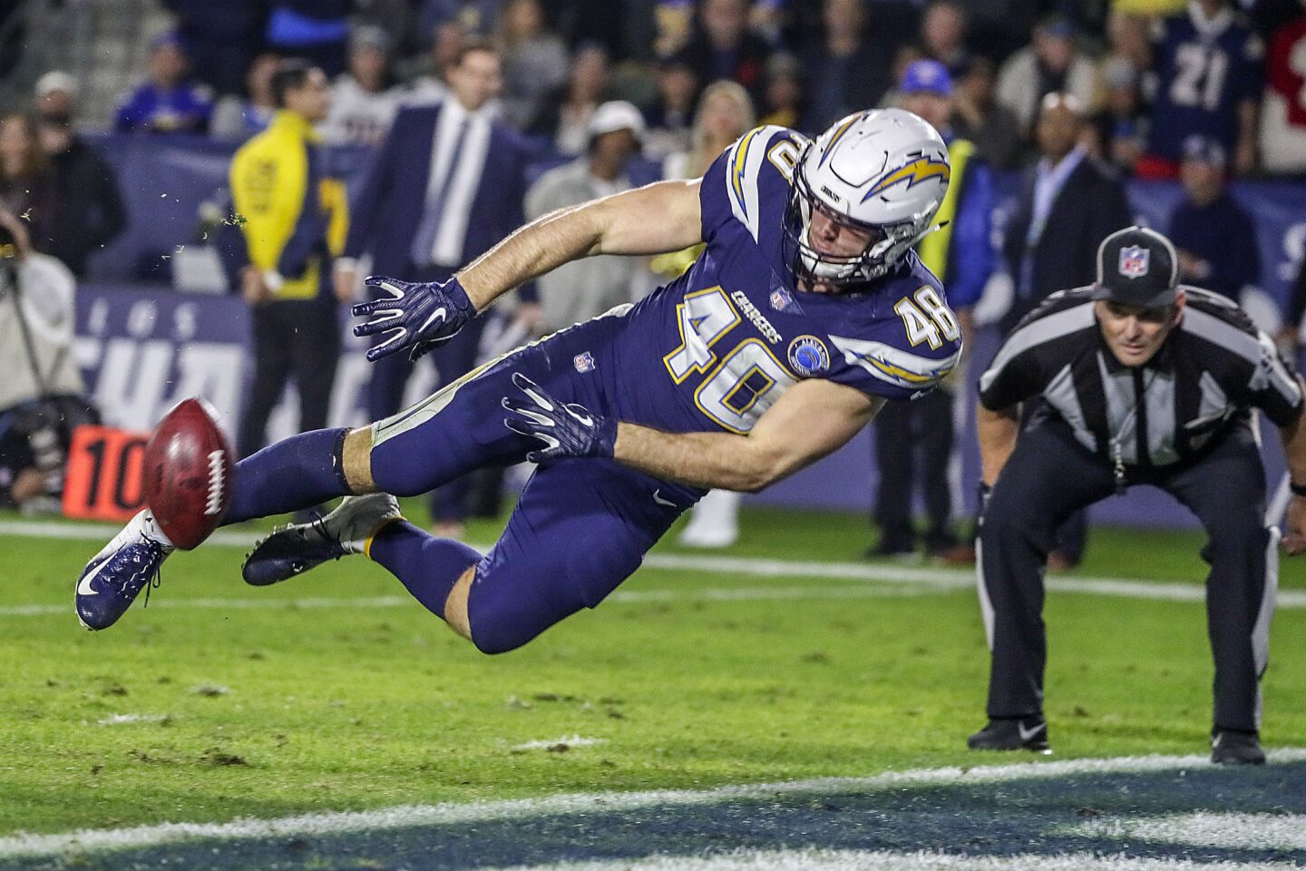 Chargers linebacker Nick Dzubnar prevents a touchback on a 38-yard punt, pinning the Ravens offense at the two-yard line late in the game at StubHub Center.
