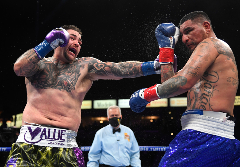 Andy Ruiz, left, punches Chris Arreola during their heavyweight fight at Dignity Health Sports Park on Saturday.