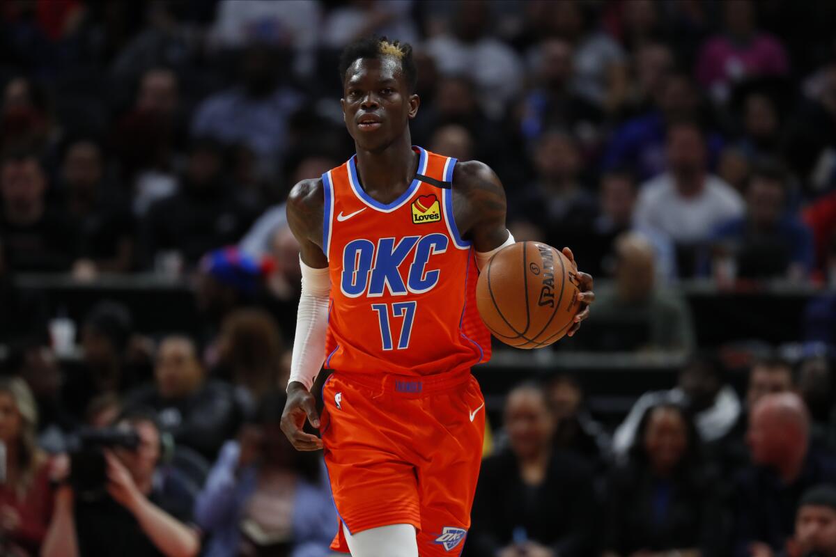  Thunder guard Dennis Schr?der brings the ball up court against the Pistons during a game March 4 in Detroit.