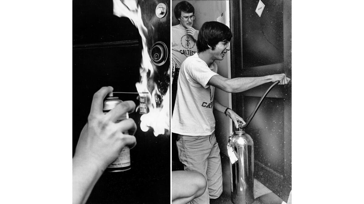 a split photo showing a flaming door on the left and students using a fire extinguisher on the right