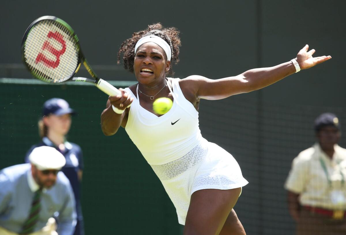 Serena Williams defeated Russia's Margarita Gasparyan, 6-4, 6-1, Monday during the first round at Wimbledon.