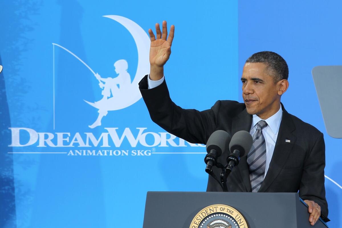 President Obama waves after delivering remarks on the economy at DreamWorks Animation in Glendale.