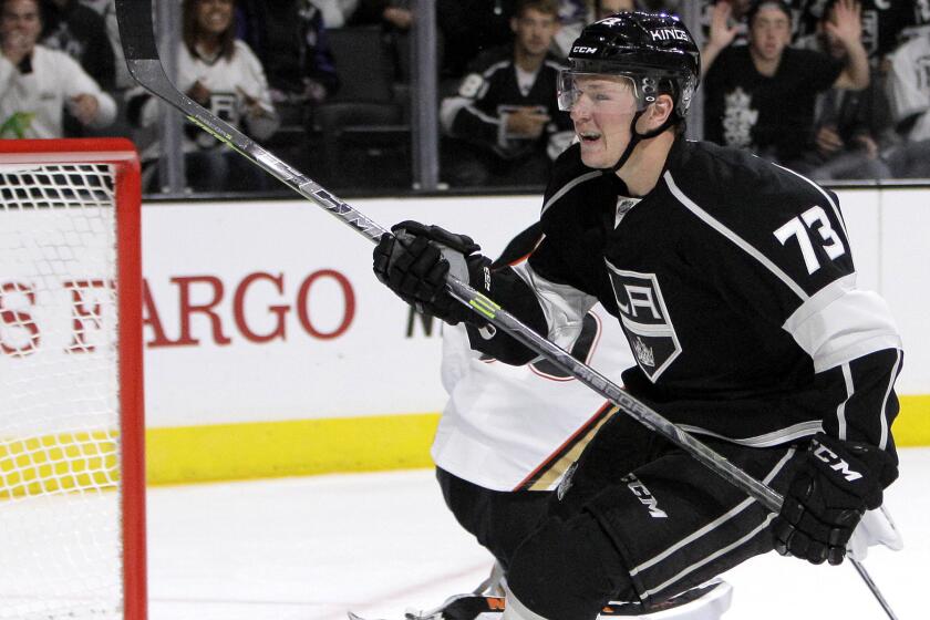 Kings center Tyler Toffoli, shown earlier this season against the Ducks, had a goal and an assist in his return to play Wednesday night.
