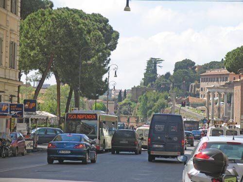 Via Cavour at Via dei Fori Imperiali. The latter street was built between the forums of Caesar and Augustus during Rome's Fascist era.